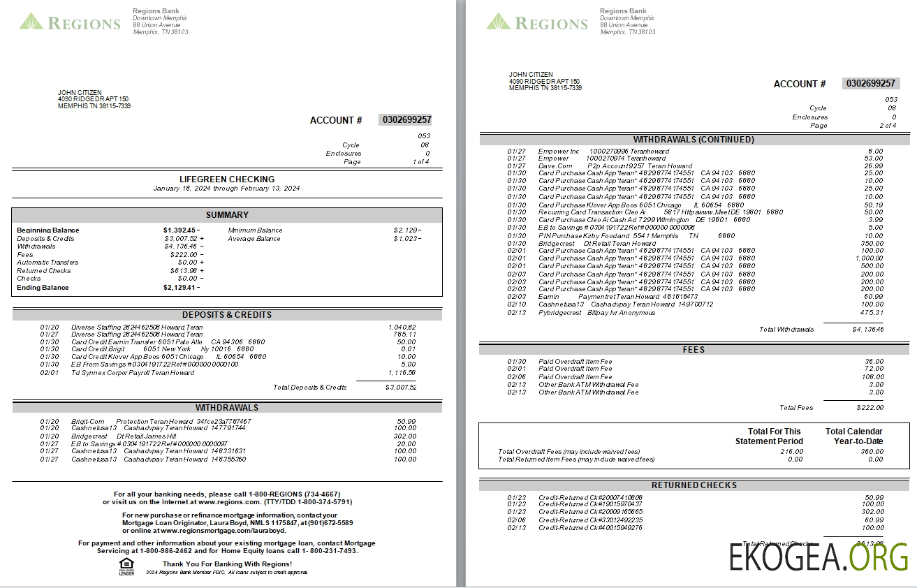 Relevé bancaire des régions du Tennesse aux États Unis, 4 pages, version 2 scr